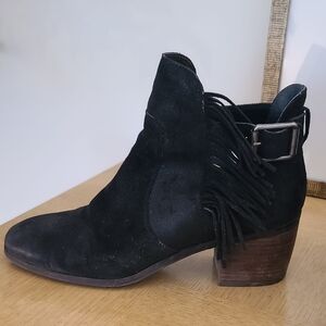 Lucky Brand Black Suede Fringe Buckle Ankle Boots